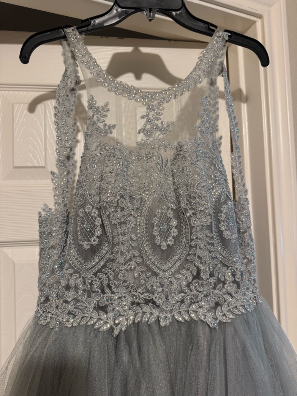 Girls Sleeveless Silver-Gray Beaded Tulle Party Dress